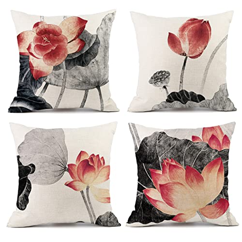OCEUMACO Leinen Kissenbezug 50x50 Japanisch Lotus Blumen Kissenhülle 4er Set Quadratisch Sofakissen Dekokissen Bezug für Couch Sofa Kissen Kissenbezüge Outdoor Deko Zierkissen Couchkissen - Rot OCEUMACO Leinen Kissenbezug 50x50 Japanisch Lotus Blumen Kissenhülle 4er Set Quadratisch Sofakissen Dekokissen Bezug für Couch Sofa Kissen Kissenbezüge Outdoor Deko Zierkissen Couchkissen - Rot von OCEUMACO