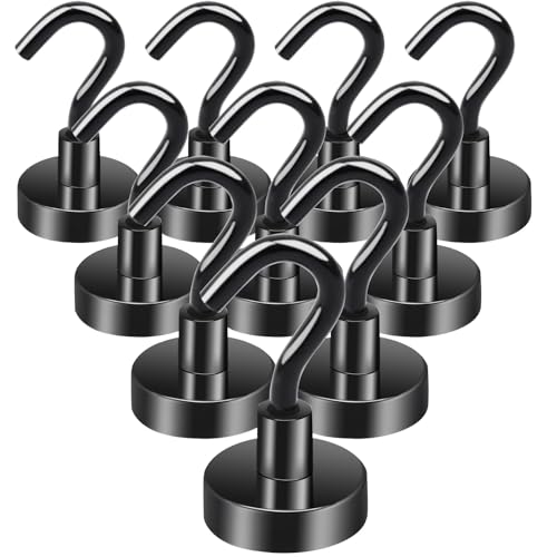 OCEUMAOA 10 Stück Magnethaken Extra Stark 15kg Neodym Magnete mit Haken 20mm Magnetic Hooks Stanzfrei für Eisentüren Kühlschränke Küchen Kleiderablage Büro Camping Magnethacken Schwarz von OCEUMAOA