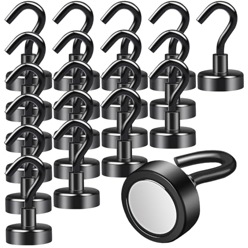 OCEUMAOA 20 Stück Magnet haken Extra Stark 15kg Neodym Magnete mit Haken Magnetic Hooks Stanzfrei für Eisentüren Kühlschränke Küchen Kleiderablage Büro Camping Magnethacken Schwarz 20mm von OCEUMAOA