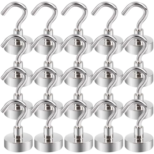 OCEUMAOA 20Stück Magnethaken Extra Stark 15kg Neodym Magnete mit Haken 20mm Magnetic Hooks Stanzfrei für Eisentüren Kühlschränke Küchen Kleiderablage Büro Camping Magnethacken Silber Hakenmagnet von OCEUMAOA