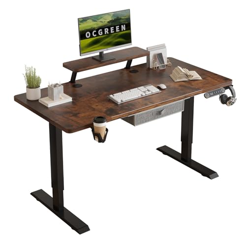 OCGREEN Elektrisch höhenverstellbarer Stehpult, Splice Board Home Office Computer Stehtisch Ergonomischer Schreibtisch mit Monitorablage (Rustikales Braun, 140 * 76CM) von OCGREEN