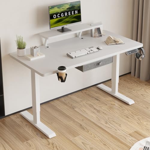 OCGREEN Elektrisch höhenverstellbarer Stehpult, Splice Board Home Office Computer Stehtisch Ergonomischer Schreibtisch mit Monitorablage (Weiß, 140 * 76CM) von OCGREEN