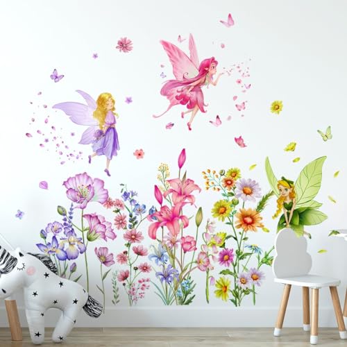 3 Blätter bunte Blumen Fee Wandaufkleber Peel and Stick Wall Decal Cute Watercolor Floral Wall Art Murals für Kinderzimmer Schlafzimmer Kabinett von OCHILIMA