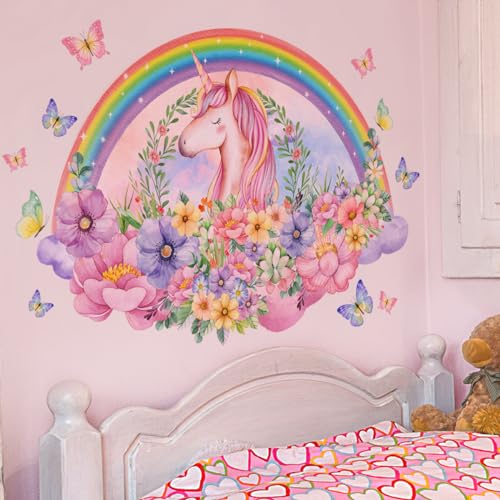 Unicorn Wall Decal, Large Rainbow Decals Unicorn Flower Peel and Stick Wall Art Stickers for Gilrs Kids Bedroom Birthday Party von OCHILIMA