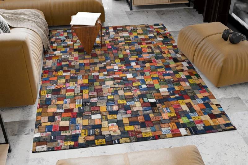 OCI DIE TEPPICHMARKE Lederteppich Labelstar, rechteckig, Höhe: 3 mm, echtes Leder, UNIKAT, handgenäht, Patchwork Design aus Jeanslabel von OCI DIE TEPPICHMARKE