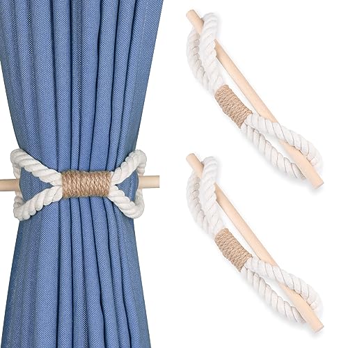 OCIOLI Boho-Vorhang-Raffhalter, 2 Stück, handgefertigte Vorhangbinder mit Holzclub, beigefarbenes Baumwollseil, Vorhang-Raffhalter für Vorhänge, Bauernhaus-Dekor, Boho-Dekor (Beige Baumwollseil, 2) von OCIOLI