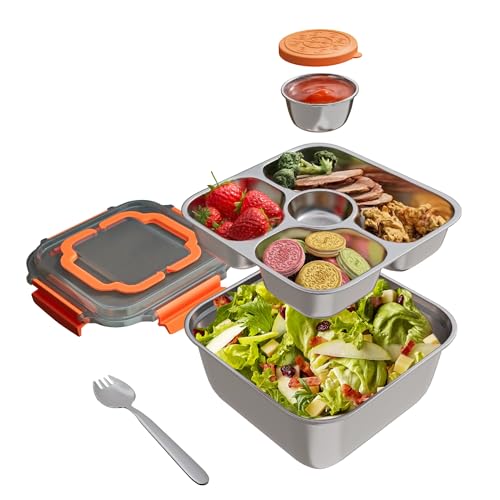 OCPO Kitchen Brotdose Edelstahl mit Fächern, Bento Box Edelstahl 1900ML, Lunchbox Erwachsene mit Gabel, Salatbox to Go Auslaufsicher, Lunchbox Groß für Schule Arbeit Picknick (Orange) von OCPO Kitchen