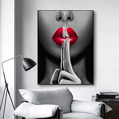 OCRTN Sexy rote Lippen Leinwand Kunst Malerei Mädchen Rauchen Plakate und Drucke Moderne Wandkunst Bild für Wohnzimmer Bar Home Decor - 50x70cm ohne Rahmen von OCRTN