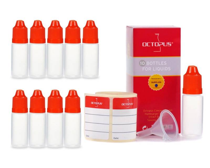OCTOPUS Kanister 10 Plastikflaschen mit Trichter 10ml G14 Tropf Kindersicherung rot von OCTOPUS