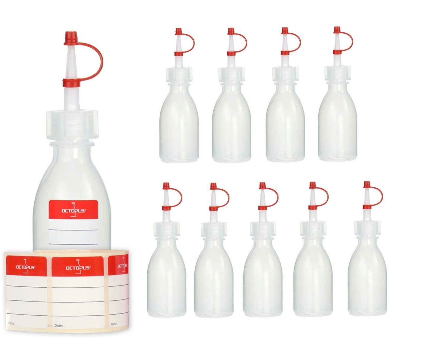 OCTOPUS Kanister 10 Plastikflaschen 50ml aus LDPE, natur, G18, Tropfverschluss, rotes (10 St) von OCTOPUS