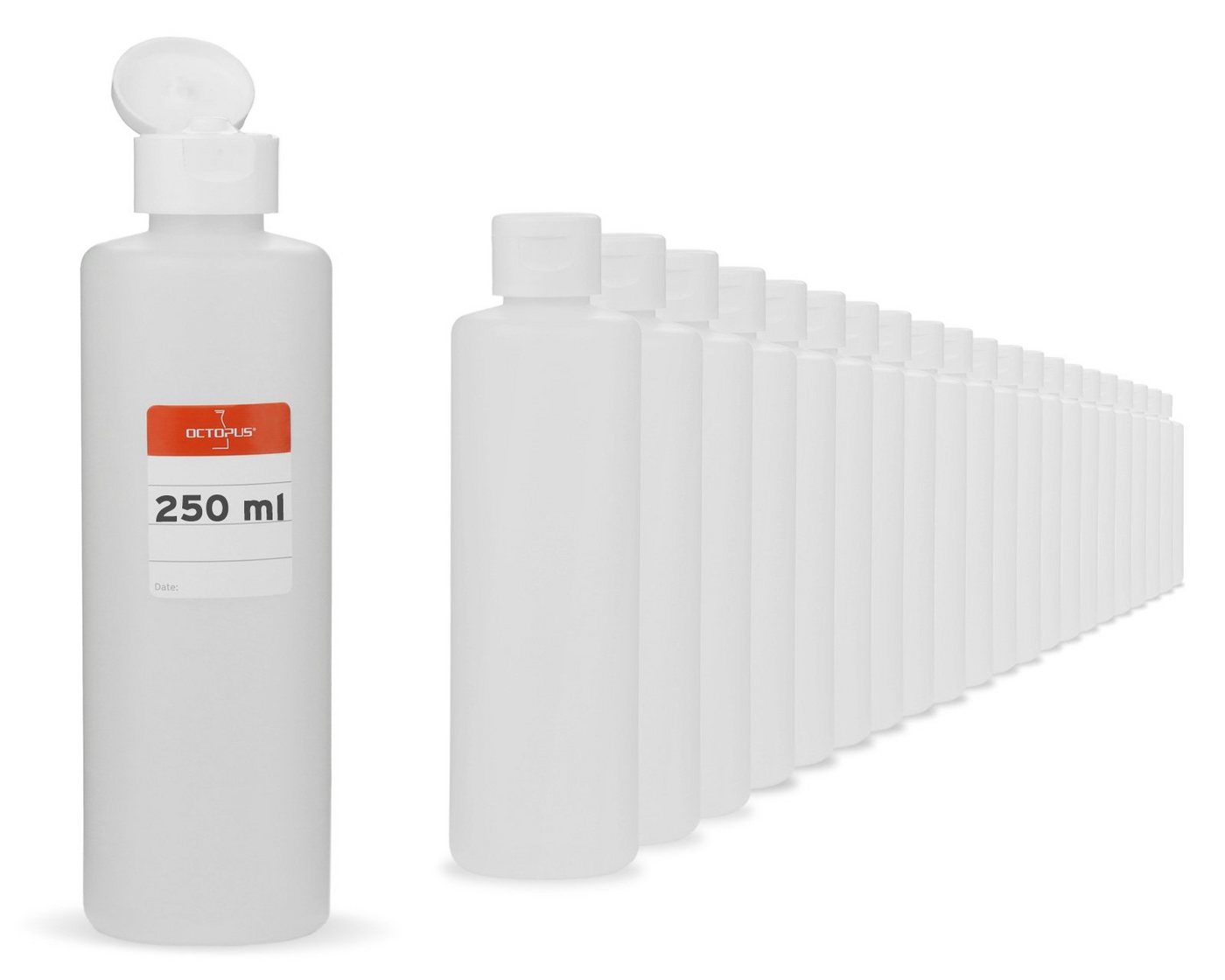 OCTOPUS Kanister 100 x 250 ml Rundflasche G25 mit weißem Klappverschluss (100 St) von OCTOPUS