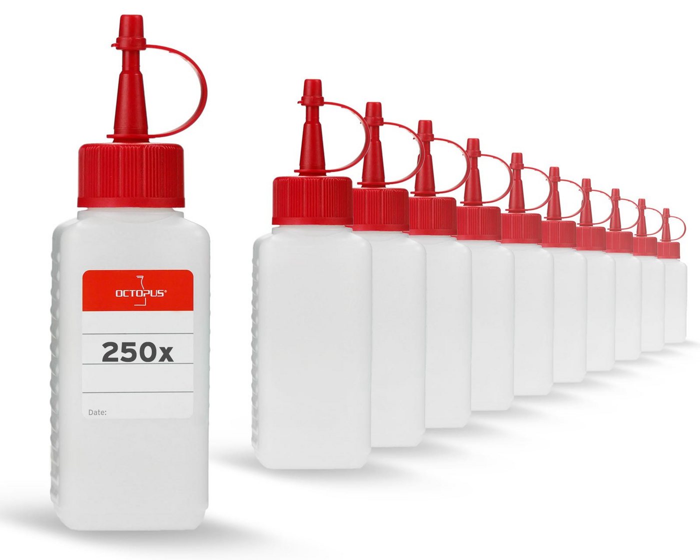 OCTOPUS Kanister 250 Plastikflaschen 100 ml mit roten Spritzverschlüssen (leer) (250 St) von OCTOPUS