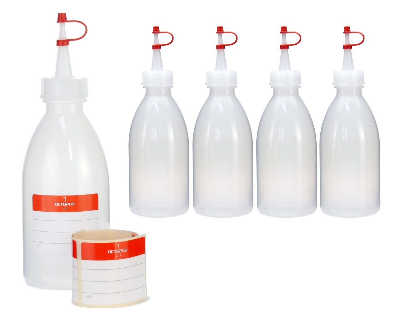 OCTOPUS Kanister 5 Plastikflaschen 250 ml aus LDPE, natur, G25, Tropfverschluss, rotes (5 St) von OCTOPUS