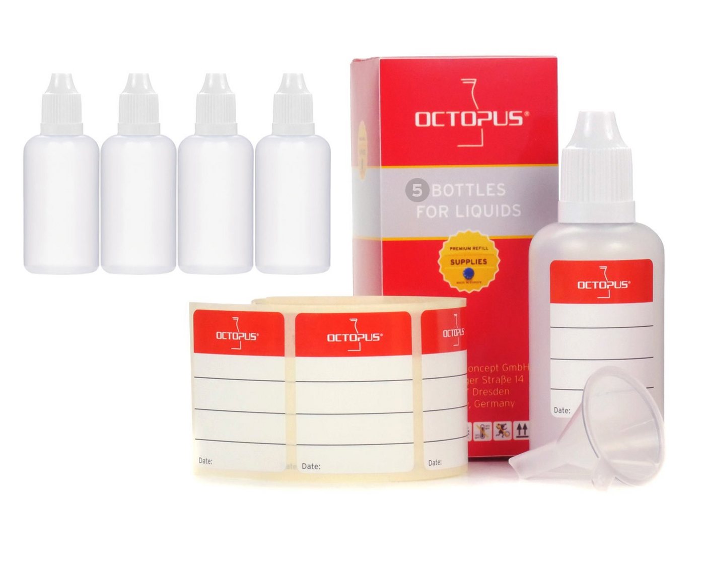 OCTOPUS Kanister 5 Plastikflaschen 50 ml aus LDPE, G14, Tropfverschluss, Deckel weiss (5 St) von OCTOPUS
