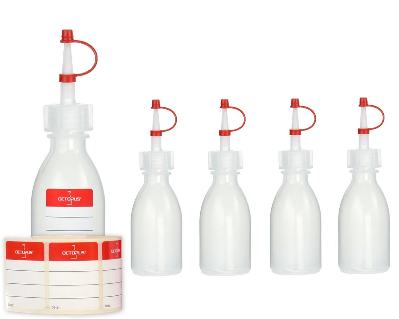 OCTOPUS Kanister 5 Plastikflaschen 50 ml aus LDPE, natur, G18, Tropfverschluss, rotes (5 St) von OCTOPUS