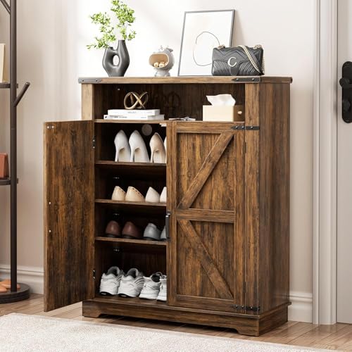 OCTORO Schuhschrank mit 2 Türen, Schuhschrank Holz im Landhausstil, Schuhkommode mit verstellbaren Einlegeböden und Kippschutz, Schuhregal Schmal für Eingangsbereich, Flur, Wohnzimmer, Braun OCTORO Schuhschrank mit 2 Türen, Schuhschrank Holz im Landhausstil, Schuhkommode mit verstellbaren Einlegeböden und Kippschutz, Schuhregal Schmal für Eingangsbereich, Flur, Wohnzimmer, Braun von OCTORO