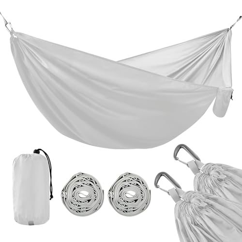 Faltbare Hängematte für Outdoor, Wandern, Reisen, Rucksackreisen, Einzel- oder Doppelreisebaum-Hängematten, 289,6 x 137,2 cm, Hellgrau von ODAWA