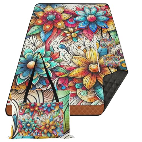 ODAWA Handgezeichnete Picknickdecke mit Blumenmotiv, sandfrei, Strand- und Picknickdecke, 152,4 x 203,2 cm von ODAWA