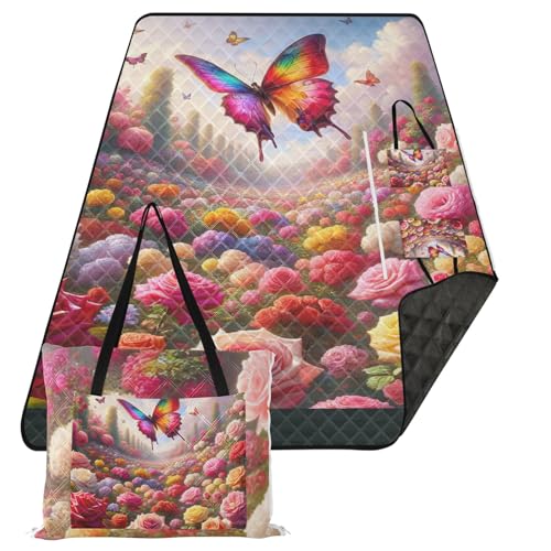 ODAWA Picknickdecke, Motiv: Rosen, Schmetterling, groß, für den Außenbereich, faltbar, in Tragetasche, Picknickdecke, 203,2 x 299,7 cm von ODAWA