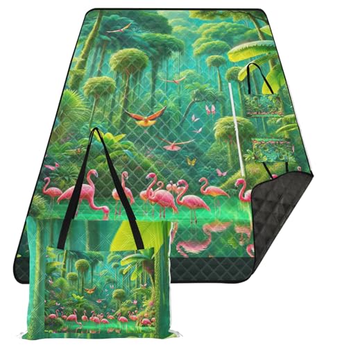 ODAWA Picknickdecke mit tropischem Dschungel, Flamingos, Schmetterlinge, verstaubar, 3-lagig, faltbar, Parkmatte, Outdoor-Picknickdecke, 152,4 x 203,2 cm von ODAWA