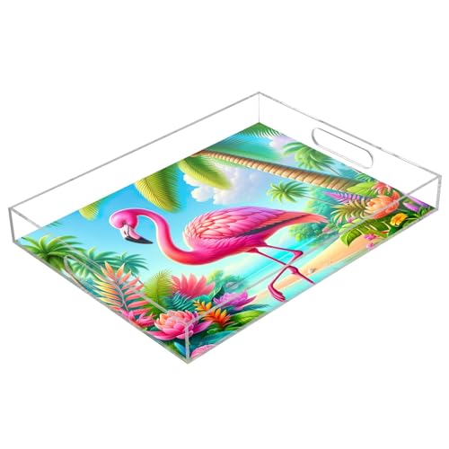 Pink Palm Flamingo Acryl-Tablett, Acryl-Kunststoff-Tablett mit Griffen, Arbeitsplatte, Organizer, Ablagetablett für Badezimmer, Wohnzimmer, 40 x 30 cm von ODAWA