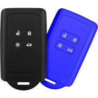2-teiliges Autoschlüssel-Zubehör, kompatibel mit Renault Smart Key 4-Tasten, weiche Silikonhülle mit Schlüsselhalter-Abdeckung (Schwarz + Blau) von ODIPIE