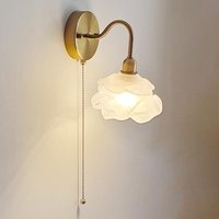 [NIEMALS VERWENDET] Japanische Vintage-Wandleuchte aus Milchglas in Blumenform, aus gebürstetem Messing, mit Zugschalter, E27-Fassung, für von ODIPIE