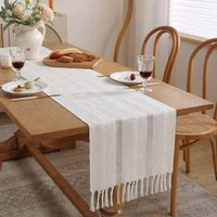 Niemals verwendet] Cremebeiger Tischläufer, Boho-Tischläufer mit Quasten, rustikaler Tischläufer im Landhausstil für Abendessen, Party, Urlaub, von ODIPIE