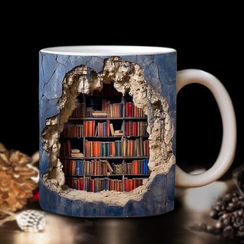 ODIWEN 3D Tasse aus Keramik, Kaffeetassen, 3D Bücherregal Tasse, 3D Bücherregal Kaffeetasse,Tasse für Kaffee und Tee,Lustige 3D Buch Keramik Kaffeetasse Bücherregal Tasse Literarische Tasse Buchbecher von ODIWEN