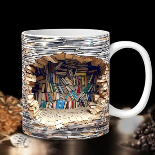 ODIWEN 3D Tasse aus Keramik, Kaffeetassen, 3D Bücherregal Tasse, 3D Bücherregal Kaffeetasse,Tasse für Kaffee und Tee,Lustige 3D Buch Keramik Kaffeetasse Bücherregal Tasse Literarische Tasse Buchbecher von ODIWEN