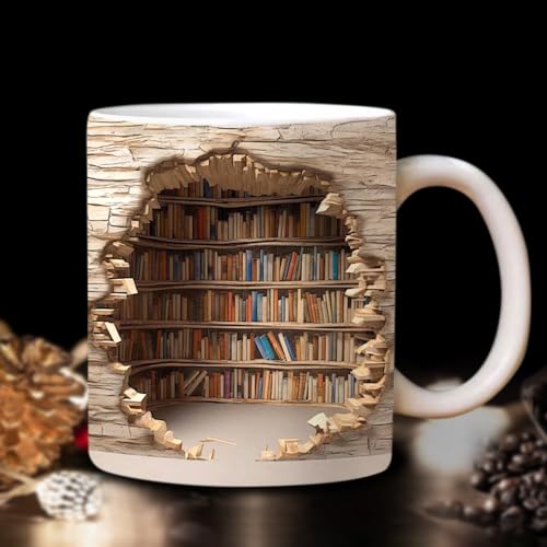ODIWEN 3D Tasse aus Keramik, Kaffeetassen, 3D Bücherregal Tasse, 3D Bücherregal Kaffeetasse,Tasse für Kaffee und Tee,Lustige 3D Buch Keramik Kaffeetasse Bücherregal Tasse Literarische Tasse Buchbecher von ODIWEN