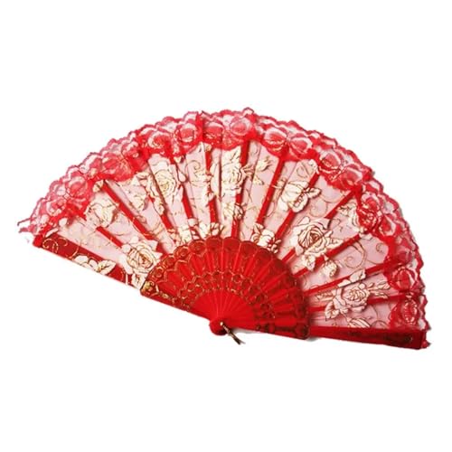 ODJDNLKLWN Ventilator Craft Handheld Damen Spitze Hand Fan Kunststoff Griff Rose Muster Falten Transluzenten Geschenk Handventilator(Red) von ODJDNLKLWN