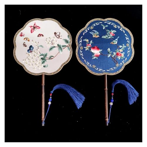 Ventilator Doppelseitige Stickerei Klassische Dekorative Fan Hanfu Dance frauen Lange Griff Runde Handventilator(Color1,24cm) von ODJDNLKLWN