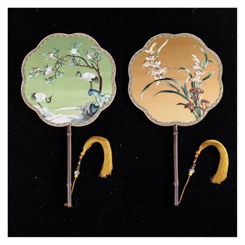 Ventilator Doppelseitige Stickerei Klassische Dekorative Fan Hanfu Dance frauen Lange Griff Runde Handventilator(Color10,27cm) von ODJDNLKLWN