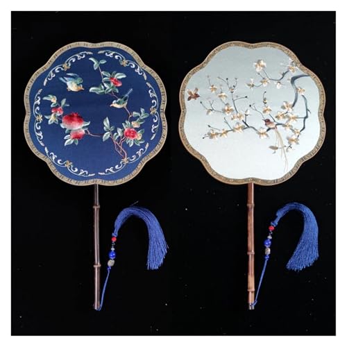 Ventilator Doppelseitige Stickerei Klassische Dekorative Fan Hanfu Dance frauen Lange Griff Runde Handventilator(Color11,27cm) von ODJDNLKLWN