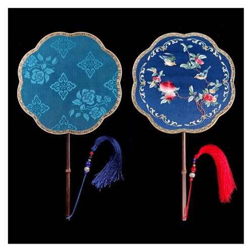 Ventilator Doppelseitige Stickerei Klassische Dekorative Fan Hanfu Dance frauen Lange Griff Runde Handventilator(Color14,27cm) von ODJDNLKLWN