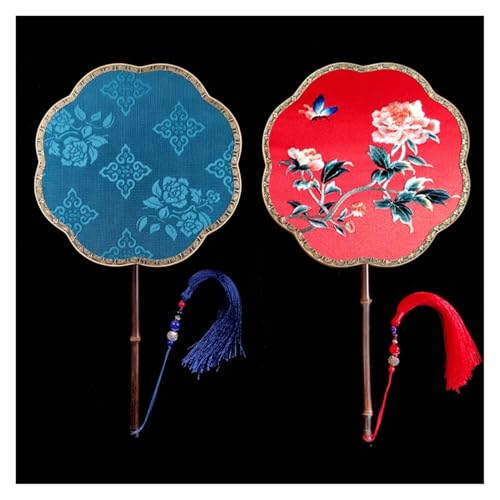 Ventilator Doppelseitige Stickerei Klassische Dekorative Fan Hanfu Dance frauen Lange Griff Runde Handventilator(Color15,27cm) von ODJDNLKLWN