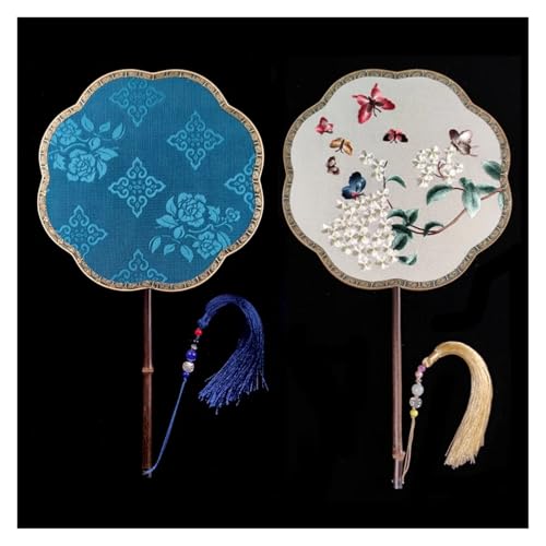 Ventilator Doppelseitige Stickerei Klassische Dekorative Fan Hanfu Dance frauen Lange Griff Runde Handventilator(Color16,27cm) von ODJDNLKLWN