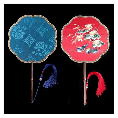 Ventilator Doppelseitige Stickerei Klassische Dekorative Fan Hanfu Dance frauen Lange Griff Runde Handventilator(Color17,27cm) von ODJDNLKLWN