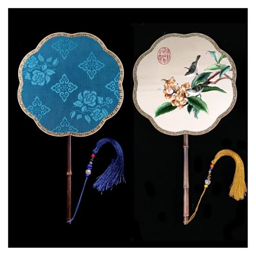 Ventilator Doppelseitige Stickerei Klassische Dekorative Fan Hanfu Dance frauen Lange Griff Runde Handventilator(Color19,27cm) von ODJDNLKLWN