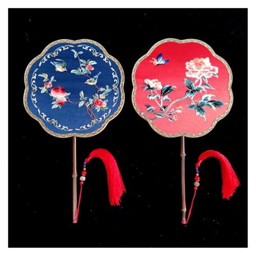 Ventilator Doppelseitige Stickerei Klassische Dekorative Fan Hanfu Dance frauen Lange Griff Runde Handventilator(Color2,27cm) von ODJDNLKLWN
