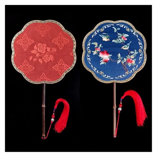 Ventilator Doppelseitige Stickerei Klassische Dekorative Fan Hanfu Dance frauen Lange Griff Runde Handventilator(Color21,27cm) von ODJDNLKLWN