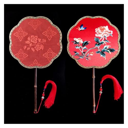 Ventilator Doppelseitige Stickerei Klassische Dekorative Fan Hanfu Dance frauen Lange Griff Runde Handventilator(Color22,27cm) von ODJDNLKLWN