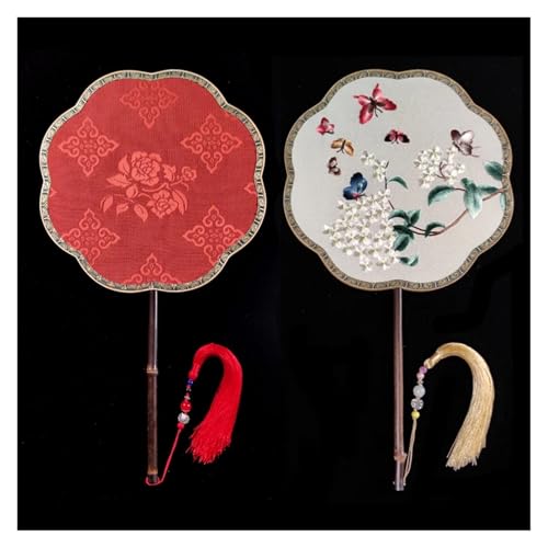 Ventilator Doppelseitige Stickerei Klassische Dekorative Fan Hanfu Dance frauen Lange Griff Runde Handventilator(Color23,27cm) von ODJDNLKLWN