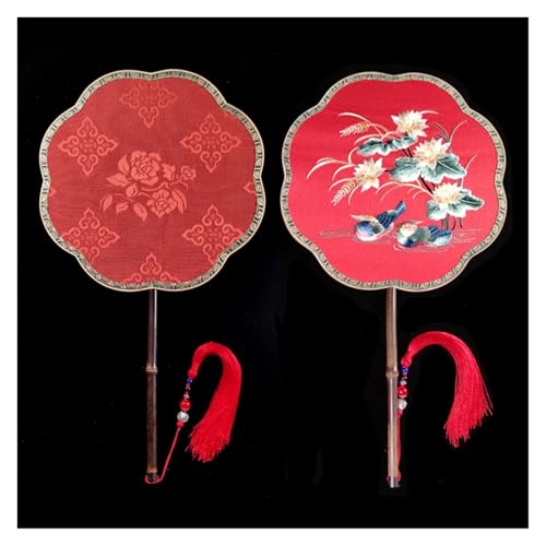 Ventilator Doppelseitige Stickerei Klassische Dekorative Fan Hanfu Dance frauen Lange Griff Runde Handventilator(Color24,27cm) von ODJDNLKLWN