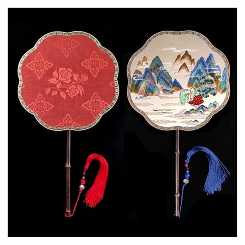 Ventilator Doppelseitige Stickerei Klassische Dekorative Fan Hanfu Dance frauen Lange Griff Runde Handventilator(Color25,27cm) von ODJDNLKLWN