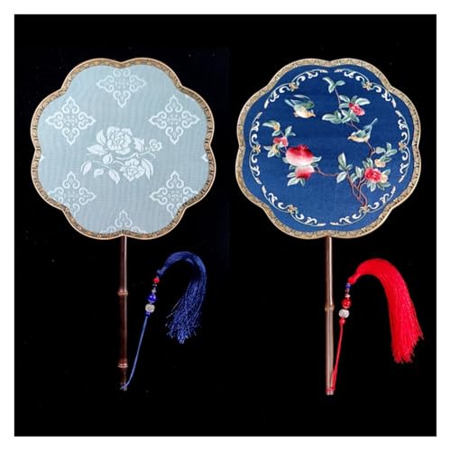 Ventilator Doppelseitige Stickerei Klassische Dekorative Fan Hanfu Dance frauen Lange Griff Runde Handventilator(Color28,24cm) von ODJDNLKLWN