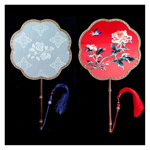 Ventilator Doppelseitige Stickerei Klassische Dekorative Fan Hanfu Dance frauen Lange Griff Runde Handventilator(Color29,27cm) von ODJDNLKLWN