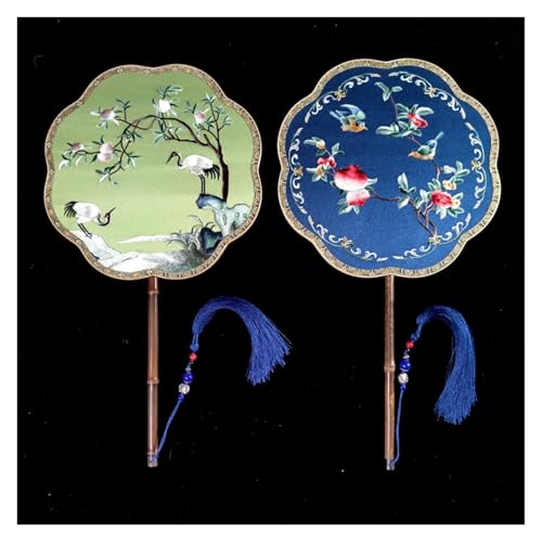 Ventilator Doppelseitige Stickerei Klassische Dekorative Fan Hanfu Dance frauen Lange Griff Runde Handventilator(Color3,27cm) von ODJDNLKLWN