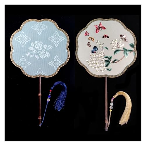 Ventilator Doppelseitige Stickerei Klassische Dekorative Fan Hanfu Dance frauen Lange Griff Runde Handventilator(Color30,27cm) von ODJDNLKLWN